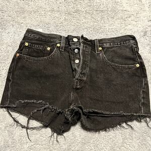 Levi’s 591 Jean Shorts Womens 30 Black Button Fly Cut Off Raw Hem